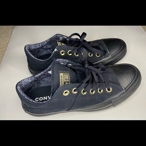 CONVERSE ALL STAR, women's size 7, Black with gold eyelets and black shoe laces.